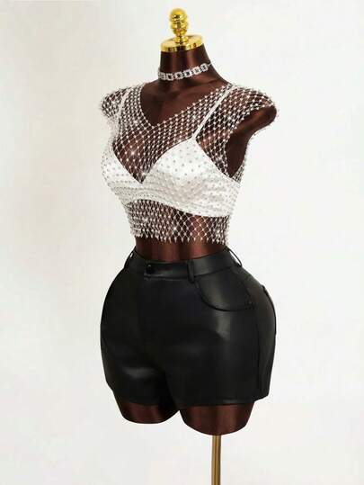 Mistrie Women's Fashionable Sexy Rhinestone Fishnet Cropped Top,Elegant For Ladies,Shiny Tops,New Year,Valentine's Day For Women,Christmas,Christmas Women,Sequin, Sequin Skirt Women, Sequin Top, Sparkly Top See Through Top See Through Tops Silver Crop Top Mesh Top Rhinestone Top