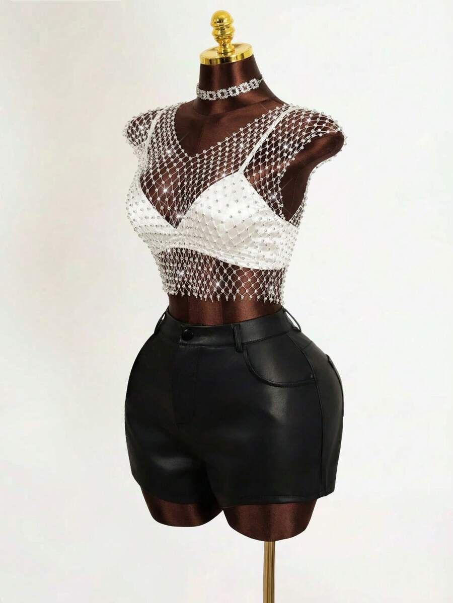 Mistrie 女士时尚性感水钻网眼露脐上衣，优雅女士，闪亮上衣，新年、情人节、圣诞节，圣诞女士，亮片，亮片裙，亮片上衣，闪亮上衣，透视上衣，银色露脐上衣，网眼上衣，水钻上衣 - 白色 - 查看 1