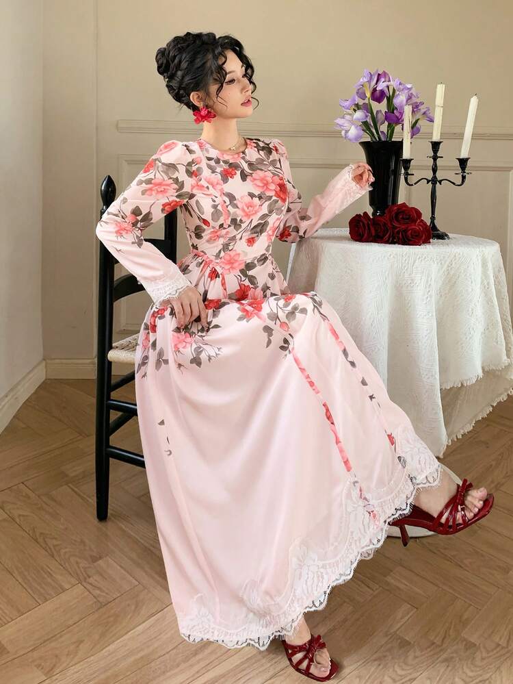 Women's Elegant Floral Lace Patchwork Mid-Length Dress, Spring Summer,Wedding Guest Dress Women Sundress