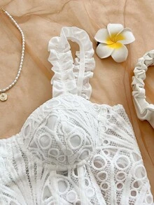 Soleia Áo hai dây lửng nữ kiểu retro họa tiết hoa dệt jacquard nhiều màu sắc, viền bèo nhún, thắt nơ, phong cách nghỉ mát. - trắng - Xem 5