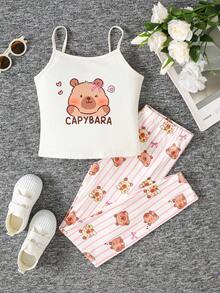 SHEIN 少女休闲针织吊带背心和短裤套装，日常家居服 - 杏色 - 查看 8