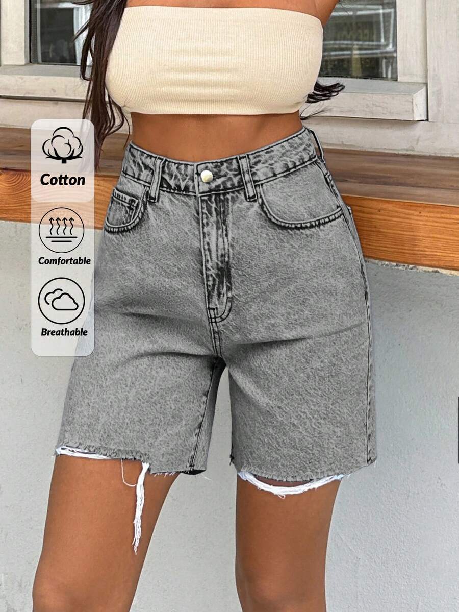 EURMUSE 100%Cotton Rigid, Back Label And Washing Detailed Short - Grey - View 1