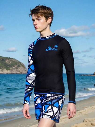 SHEIN 两件套男童泳衣套装，休闲椰树字母印花紧身泳衣，适合旅行、户外活动、假日派对、夏季海滩度假、春夏穿着