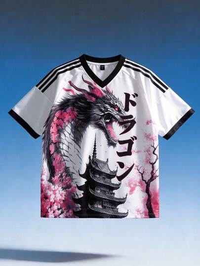 ROMWE MEN Anime 男士龙纹印花飞行员夹克短袖运动T恤，夏季