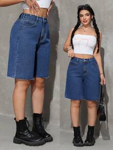 SHEIN Tall 女士夏季休闲斜插口袋毛边牛仔短裤 - 中等水洗藍 - 查看 2