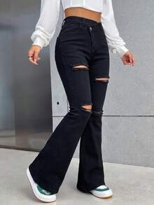 SHEIN PETITE Women's Low Waist Skinny Flared Jeans, Dark Grey Jeans - Black - View 4