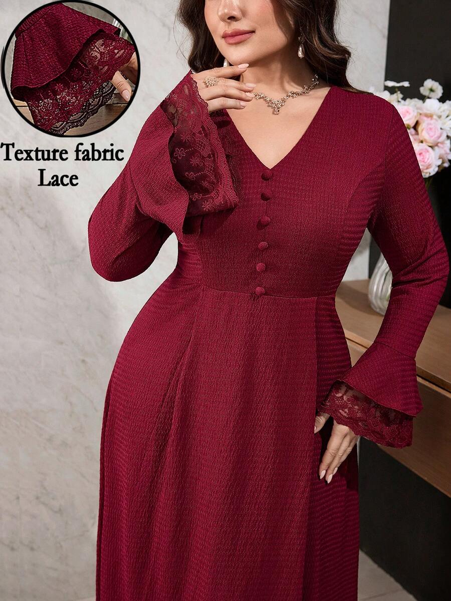 Modelyn Plus Size Lace Cuff Decor Elegant V-Neck Button Waist Midi Dress