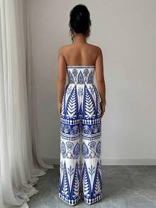 Bộ jumpsuit nữ thanh lịch phong cách Bohemian in họa tiết, cổ yếm, hở lưng, cạp cao, ống rộng, thích hợp cho kỳ nghỉ biển mùa xuân/hè. - Xanh và trắng - Xem 5