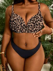 Slaydiva Plus Size Leopard Print Criss-Cross Bikini Top - Coffee Brown - View 1