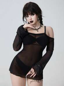 ROMWE Goth 女士纯色网纱露肩休闲沙滩罩衫连衣裙 - 黑色 - 查看 6