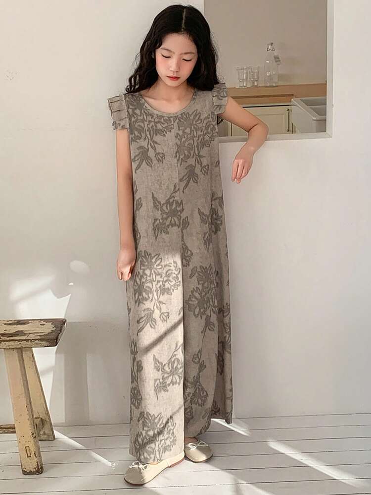 Tween Girl Floral Print Round Neck Cap Sleeve Wide Leg Jumpsuit
