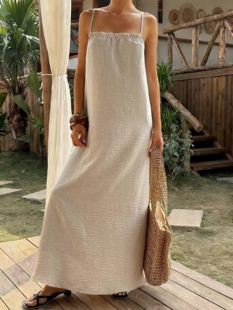 Women's Solid Color Fitted Pleated Ruffle Backless Tie-Up Beaded Long Dress, Casual Resort Wear, Spring/Summer Maxi Dress Cruise Outfit For Women Sundress Boho