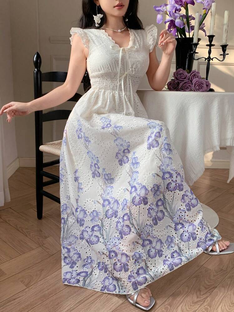 Shirred Cap Sleeve Printed Hollow Waist Dress, Elegant French Style Summer Dress For Women Sundress Boho