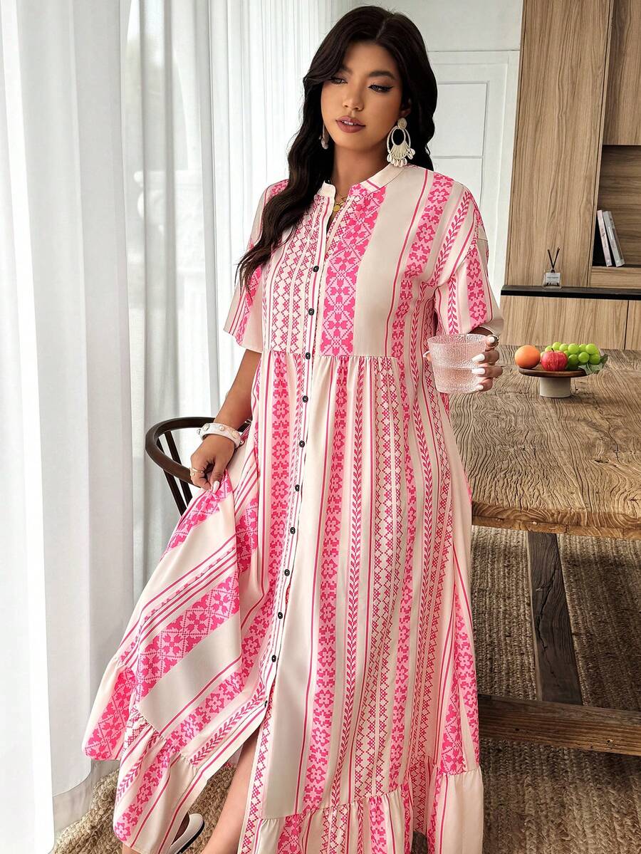 Weeklong Plus Size Women Spring/Summer Solid Striped Print Casual Vacation Shirt Dress - Multicolor - View 1