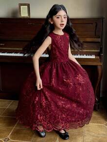 DAZY Tween Girls Sleeveless Sequin Embroidered Dress, Fall Outfit - Red - View 1