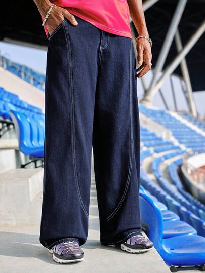 EVRINFINITE 1件 Hearty Haven 男女通用宽松版型拼接镰刀形阔腿牛仔裤，宽松版型，超大码牛仔裤