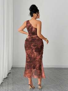 Elenzga Plus Size Mesh Floral Print Asymmetrical Shoulder Dress Summer Dress Women's Floral Dress - Coral Orange - View 2
