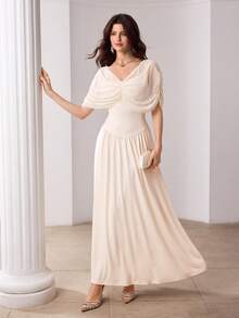 Modelyn French Elegant Mesh Patchwork Cinched Waist Flared Dress - Apricot - View 5