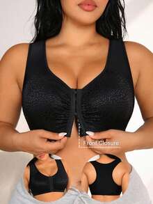 1 pièce Soutien-gorge sans armature à dos nageur, couleur unie, avec fermeture devant, rembourrage amovible et couverture complète, doux et respirant, pour femmes de grande taille NudeFit - Noir - Voir 1
