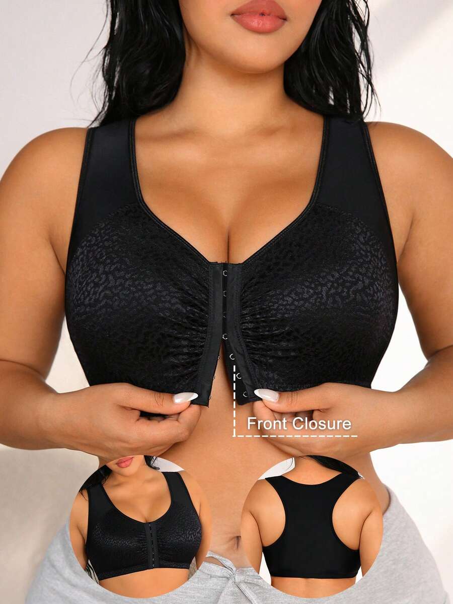 1 pièce Soutien-gorge sans armature à dos nageur, couleur unie, avec fermeture devant, rembourrage amovible et couverture complète, doux et respirant, pour femmes de grande taille NudeFit - Noir - Voir 1