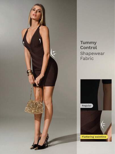 Nuvra Đầm ngắn ôm sát bằng vải băng quấn, thiết kế cổ chữ V sâu gợi cảm với dây đeo mảnh, lý tưởng cho các bữa tiệc và tụ họp.