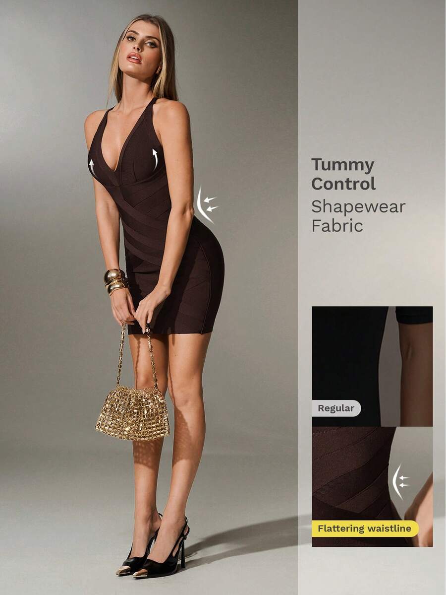 Nuvra 绷带面料紧身迷你连衣裙，性感深V领细肩带设计，是派对和聚会的理想之选。 - 咖啡 - 查看 1