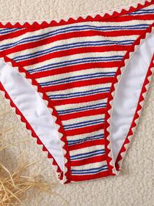 SHEIN 2pcs/Set Teen GirlSummer New Red Striped Halter Fashionable Bikini Set, Suitable For Beach Vacation - Red - View 3