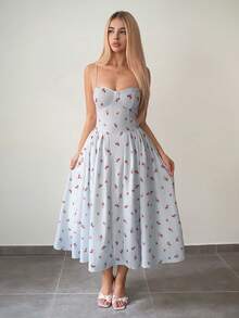 Sweetina 女士复活节蓝色外出春夏黄色度假休闲碎花吊带飘逸连衣裙，夏季 - 彩色 - 查看 4