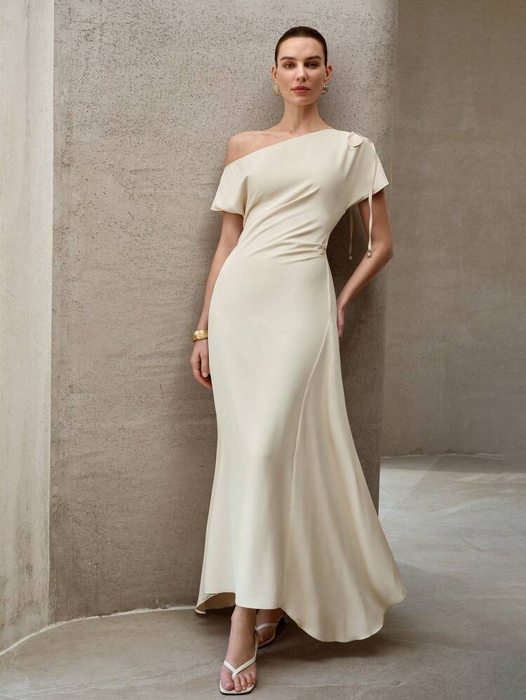 ELEGANT ASYMMETRICAL NECK RUCHED WOMEN LONG DRESS
