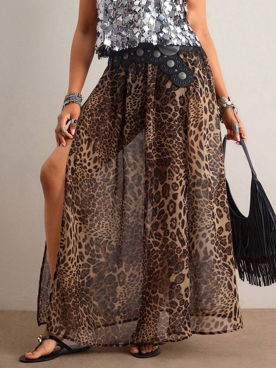 Freevana Plus Size Summer Fashion Leopard Print High Slit Skirt - Brown - View 1