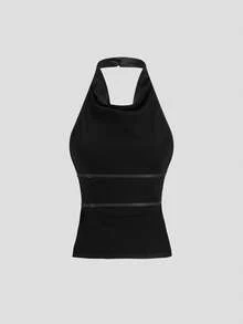 Sweetra New Spring/Summer French Style Black Plunging Neck Sleeveless Halter Satin Casual Backless Tank Top, Fashionable & Elegant - Black - View 2