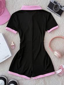 SHEIN 少女休閒日常 Polo 領撞色迷你馬印花連身褲 - 彩色 - 查看 2