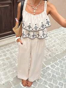 Conjunto de 2 piezas de camiseta de tirantes con bordado floral y volantes, y pantalones de pierna ancha, para vacaciones - Multicolor - Ver 7