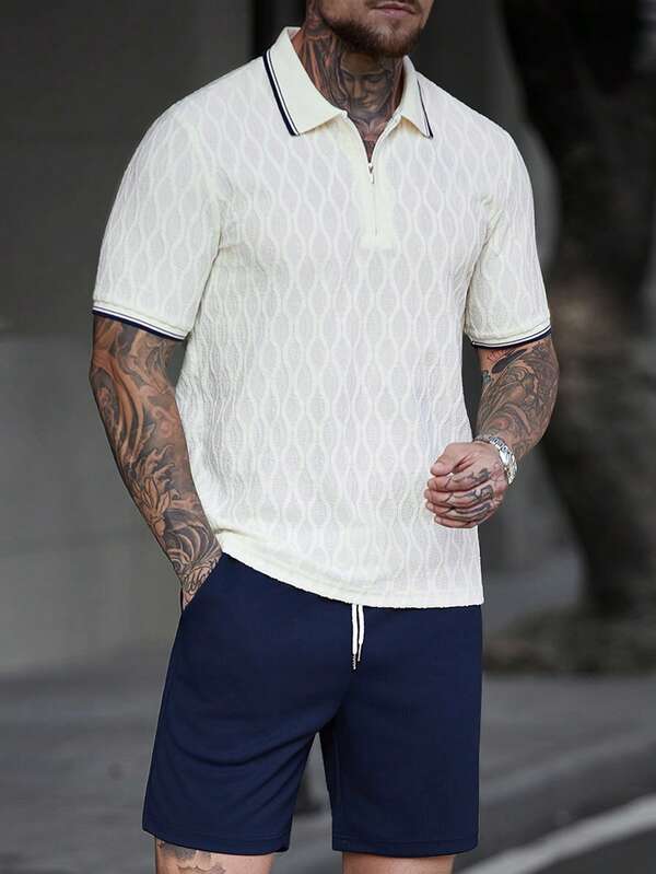Manfinity CasualCool Men's Short Sleeve Textured Fabric POLO Outfit, Suitable For Home, Outings, And Vacation Wear