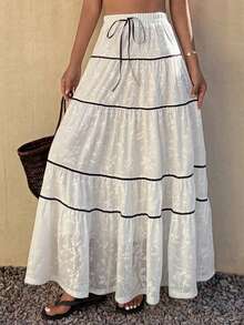 DAZY Women's Contrast Color Ribbon Skirt, Elegant Resort Style Summer - White - View 1