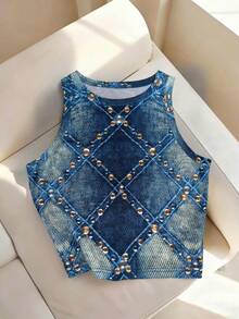 Resyla 女士休闲百搭圆领牛仔印花背心 - 彩色 - 查看 4