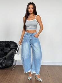 SHEIN PETITE Summer PETITE Women's Casual Y2K High Waist Distressed Barrel Jeans Women Frayed Hem Wide Leg Baggy Denim Pants Streetwear Pocket Distressed Flare Loose Fit Denim Crop Jeans - Medium Wash - View 6