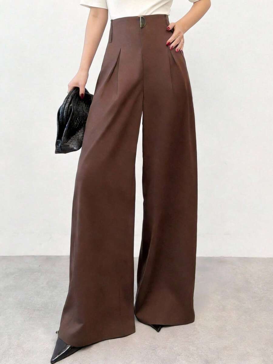 Firerie Pantalones anchos de estilo bohemio elegante para graduación de mujer con hebilla de metal - Café integral - Ver 1