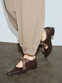 秋冬女士复古风粗跟尖头平底鞋，系带布洛克乐福鞋，玛丽珍中跟黑色牛津鞋，复古英伦风厚跟情人节鞋，芭蕾平底鞋 - 棕色 - 查看 2