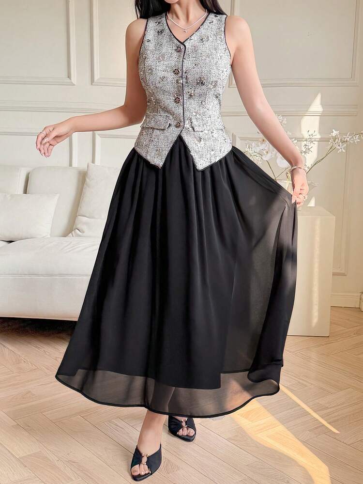 DAZY طقم أنيق للنساء مكون من سترة بدون أكمام بياقة على شكل حرف V مزينة بترتر وتنورة ذات لون أحادي، مناسب للصيف - الأسود - مشاهدة 3