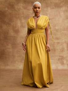 Vixey Drawstring Sleeve Gathered Waist Woven Maxi Vacation Dress - Yellow - View 1