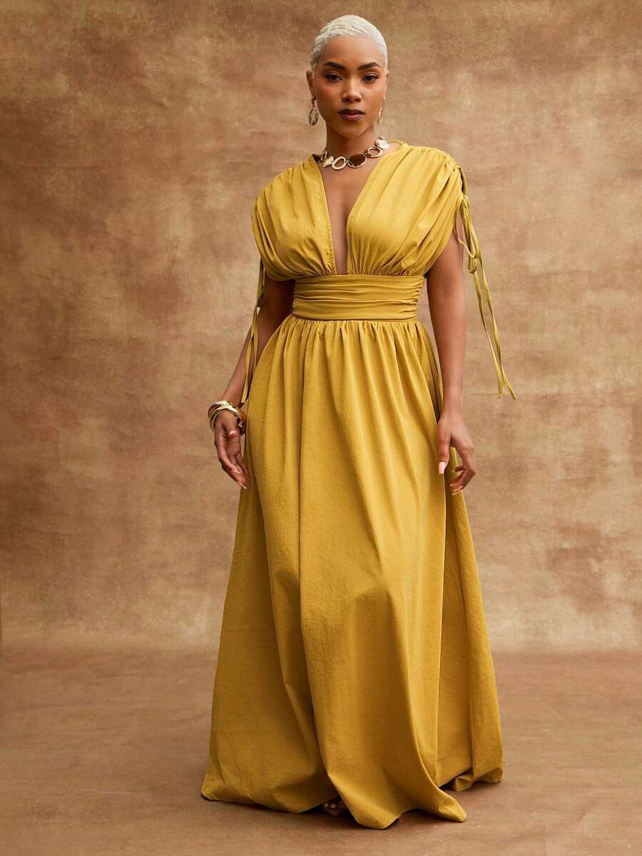 Vixey Drawstring Sleeve Gathered Waist Woven Maxi Vacation Dress - Yellow - View 1