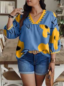 SHEIN LUNE Plus Size Casual Vacation Random Floral Print Shirt - Multicolor - View 4