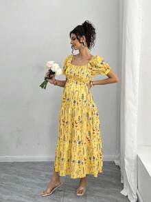 Momance Maternity Floral Print Square Neck Puff Sleeve Dress For Vacation - Yellow - View 2