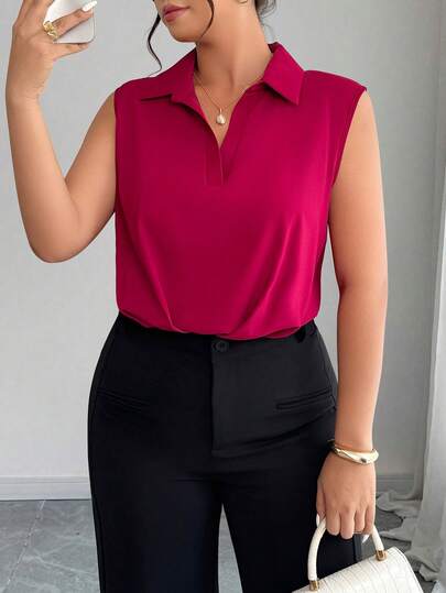 Elenzga Plus Size Women's Elegant Sleeveless Collared Pleated Bodysuit, Spring/Summer