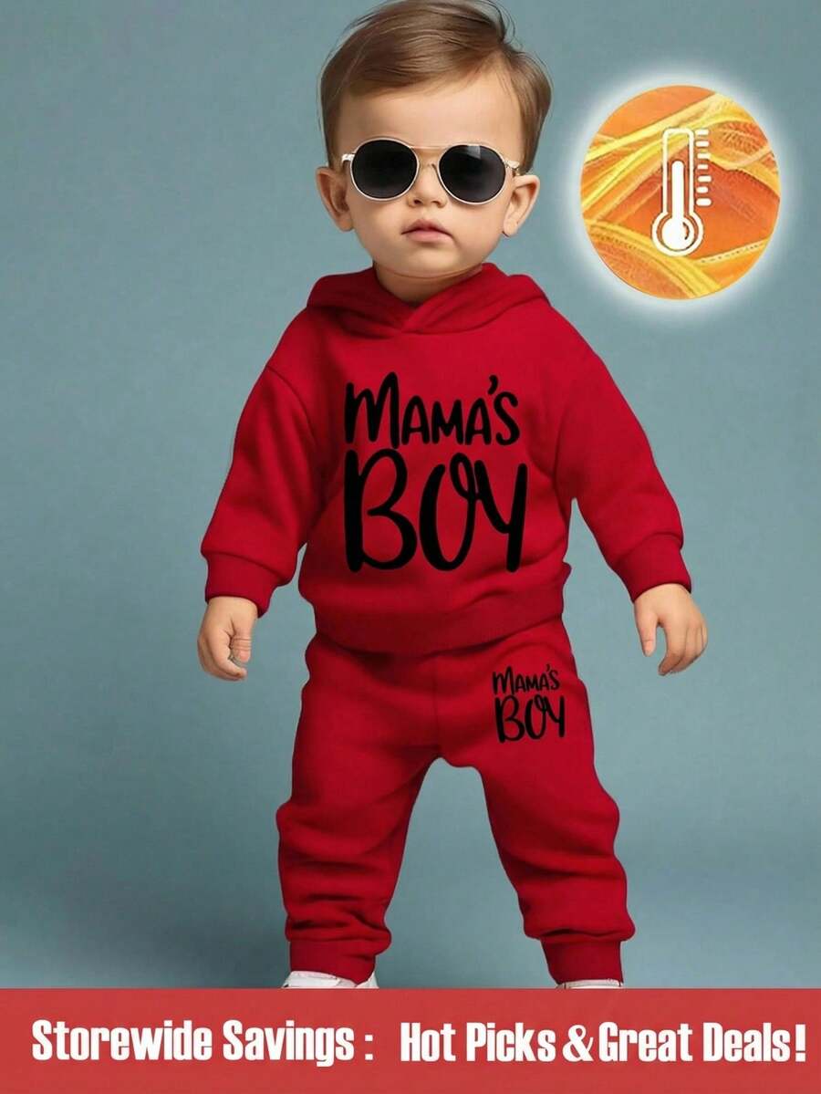 2 件男婴时尚字母印花连帽卫衣和字母印花羊毛裤套装，适合秋冬季外出，MAMA'S BOY 图案卫衣套装 - 紅色 - 查看 1