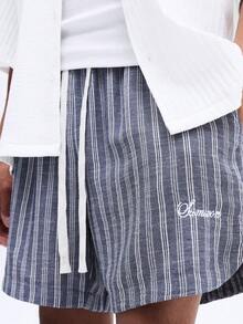 SUMWON Men's Striped Curve Hem Casual Summer Shorts With Drawstring Waist And Side Pockets Relaxed Fit Vacation Wear - Blue and White - View 5