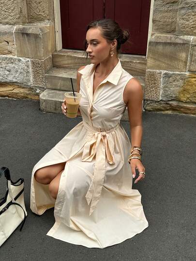 Siren Gaze Women's Elegant Sleeveless Solid Color Lapel Dress With Pockets, Casual Elegant Tie-Waist Shirt Dress Perfect For Summer Parties, Suitable For Commuting, Vacation, Wedding Guest, Teacher Outfit, Back To School, Tie Dress, Creme Dress, Yellow Dress, Cotton Dress