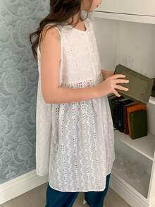 DAZY Tween Girls' Summer Casual Solid Color Hollow Out Embroidery Sleeveless Blouse Vacation - White - View 6