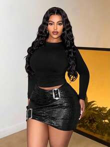 Slaydiva 大码女装春夏新款纯色皮革金属装饰褶皱性感百搭约会派对迷你裙 - 黑色 - 查看 19